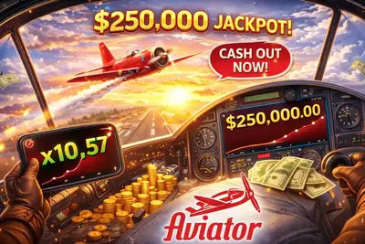 Aviator game promotional banner showing $250,000 jackpot with airplane and cash out button