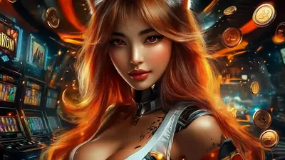 Stylized female character with red hair in casino environment with slot machines and coins