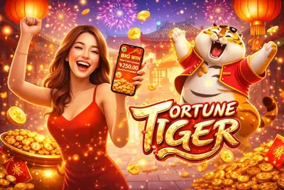 Fortune Tiger slot game celebration scene with woman and lucky tiger mascot